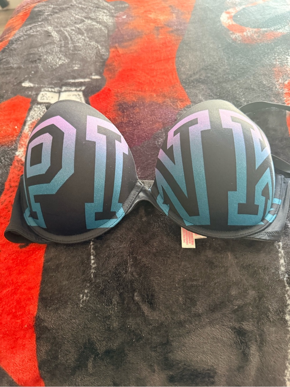PINK Victoria's Secret Black Push-Up Bra with Teal-to-Purple Ombre Logo